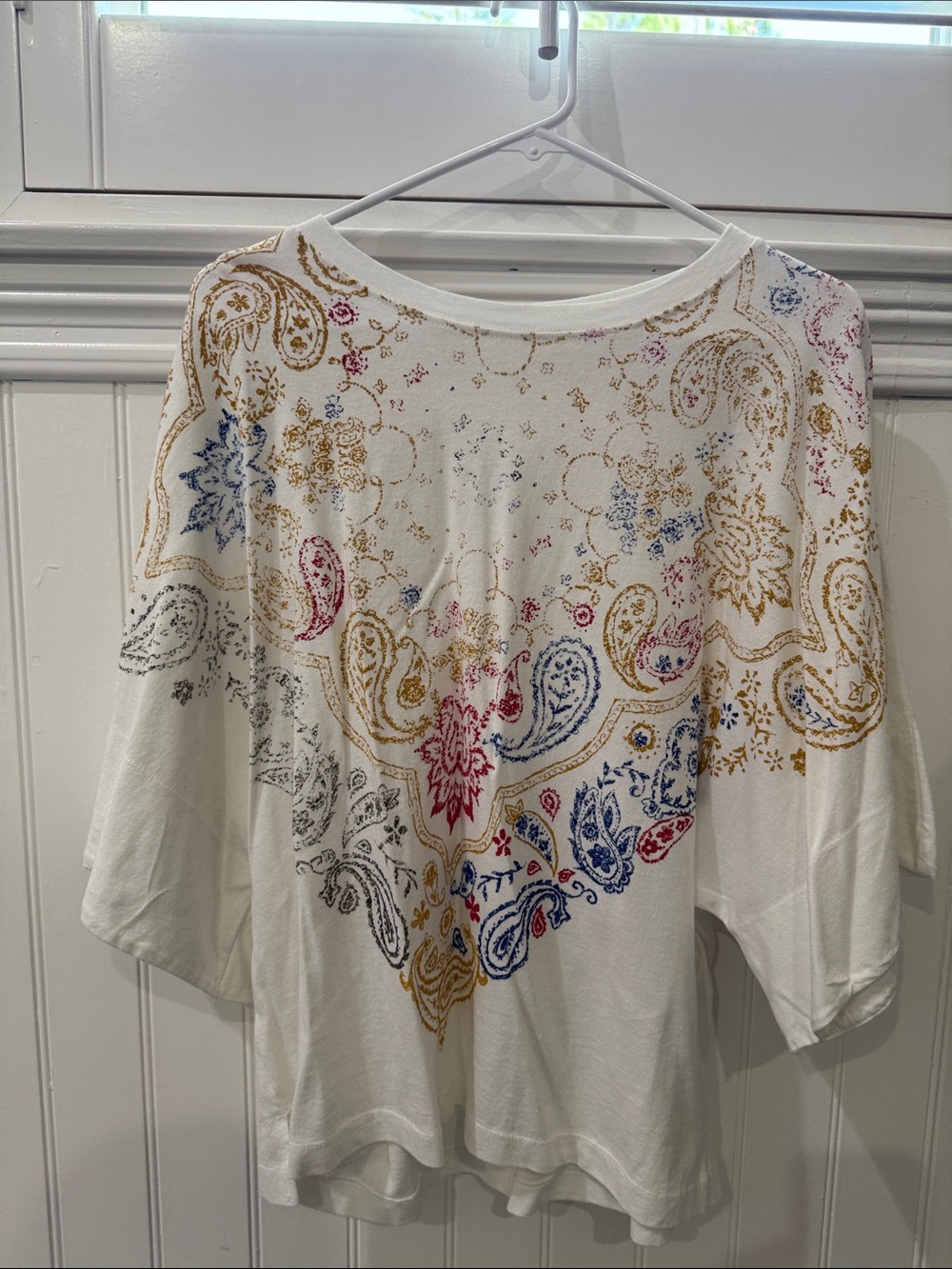 Free People White Paisley-Print Short Sleeve Top with Multicolor Accents